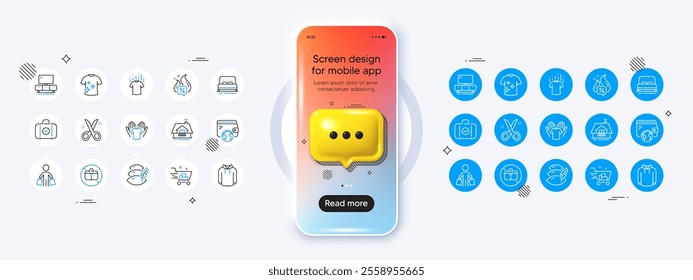 Phone mockup with 3d chat icon. Pillow, Shopping cart and Scissors line icons. Pack of Bed, Carry-on baggage, Tv stand icon. Hoody, Wallet, Dry t-shirt pictogram. Buyer, Hold t-shirt, Balcony. Vector