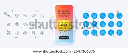 Phone mockup with 3d chat icon. Touchscreen gesture, Biometric eye and Clipboard line icons. Pack of Seo statistics, Leadership, Smile face icon. Location app, Vip table, Work home pictogram. Vector