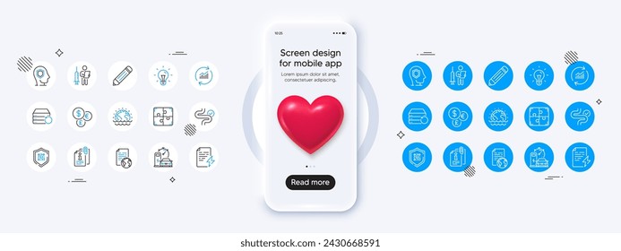 Phone mockup with 3d heart icon. Charging station, Update data and Qr code line icons. Pack of Pencil, Puzzle, Power certificate icon. Idea, Disaster, Vaccination announcement pictogram. Vector