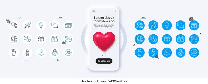 Phone mockup with 3d heart icon. Ice cream, Target and Payment line icons. Pack of Phone search, Touchscreen gesture, Fastpass icon. Messenger, Qr code, Friend pictogram. Vector