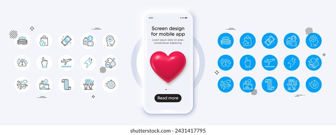 Phone mockup with 3d heart icon. Magnesium mineral, Euro money and Warning line icons. Pack of Departure plane, Timer, Brain working icon. Click hand, Voting campaign, Seo devices pictogram. Vector