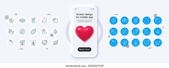 Phone mockup with 3d heart icon. Strawberry, Cherry and Leaf line icons. Pack of Plants watering, Windmill, Save planet icon. Hazelnut, Organic tested, Apple pictogram. Vector