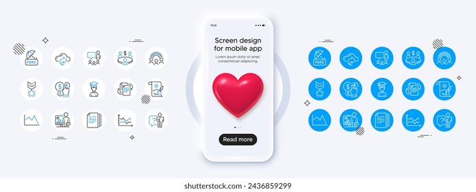 Phone mockup with 3d heart icon. Bureaucracy, Meeting and Fake news line icons. Pack of Creative painting, Cloud share, Copy documents icon. Teacher, Winner medal, Diagram chart pictogram. Vector