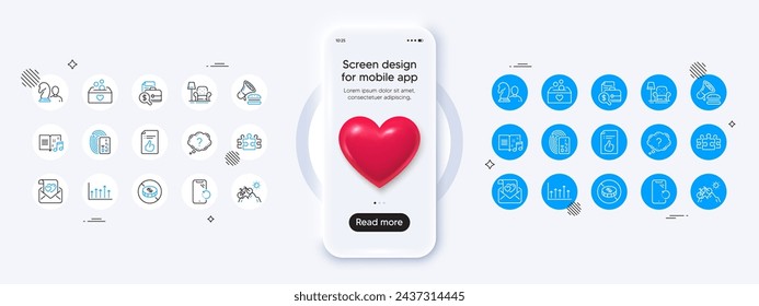 Phone mockup with 3d heart icon. Armchair, No cash and Growth chart line icons. Pack of Approved document, Burger, Donation icon. Smartphone recovery, Love letter, Card pictogram. Vector