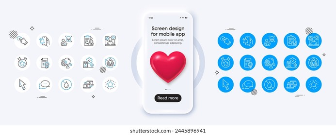 Phone mockup with 3d heart icon. Fingerprint, Outsource work and Inspect line icons. Pack of Dots message, Filling station, Cursor icon. Alarm clock, Cyber attack, Teamwork pictogram. Vector