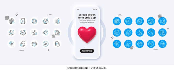 Phone mockup with 3d heart icon. Chlorine mineral, Low thermometer and Health app line icons. Pack of Emergency call, Medical mask, Magnesium mineral icon. Vector