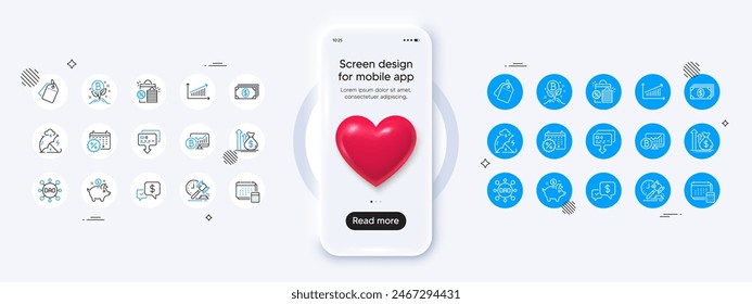 Phone mockup with 3d heart icon. Shopping bags, Calendar discounts and Budget line icons. Pack of Saving money, Chart, Card icon. Banking, Stress protection, Bitcoin chart pictogram. Vector