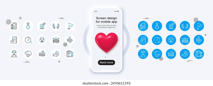 Phone mockup with 3d heart icon. Target goal, Timer and Laurel wreath line icons. Pack of Winner cup, Sports arena, Trophy icon. Flag, Fish, Fishing reel pictogram. Fitness, Dumbbell, Arena. Vector