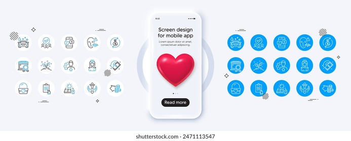 Phone mockup with 3d heart icon. Hospital nurse, Approved group and Piggy bank line icons. Pack of Cashback, Startup concept, Phone survey icon. Brand, Car wash, Ice cream pictogram. Vector