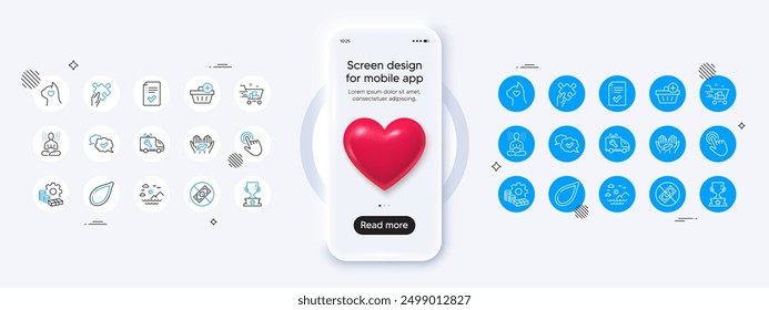 Phone mockup with 3d heart icon. Approved checklist, Pets care and Corrupt line icons. Pack of Sea mountains, Approved, Cursor icon. Winner cup, Pumpkin seed, Shopping cart pictogram. Vector