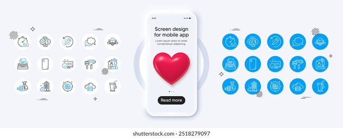 Phone mockup with 3d heart icon. Chat message, Search employee and Loyalty points line icons. Pack of Smartphone cover, Paint roller, Recovery tool icon. Coffee cup, Stress, Smile pictogram. Vector