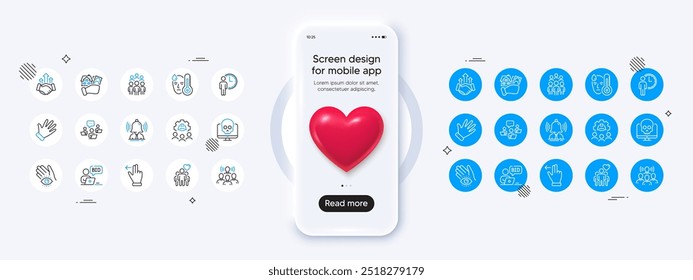 Phone mockup with 3d heart icon. Touchscreen gesture, Hand and Teamwork line icons. Pack of Group people, Engineering team, Friendship icon. Team work, Online auction, Cyber attack pictogram. Vector