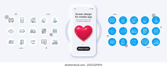 Phone mockup with 3d heart icon. Cloud protection, Like photo and Parking place line icons. Pack of Recruitment, Electricity bulb, Dao icon. Sim card, Attention bell, Partnership pictogram. Vector