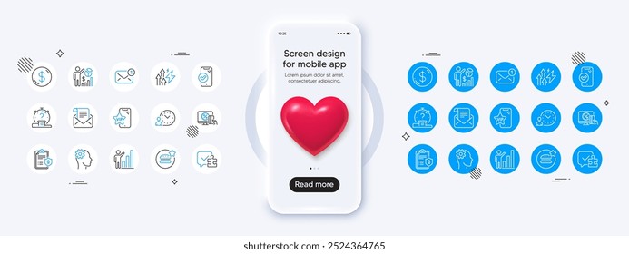 Phone mockup with 3d heart icon. Approved phone, Time management and Best food line icons. Pack of Energy inflation, Privacy policy, Dollar money icon. Vector