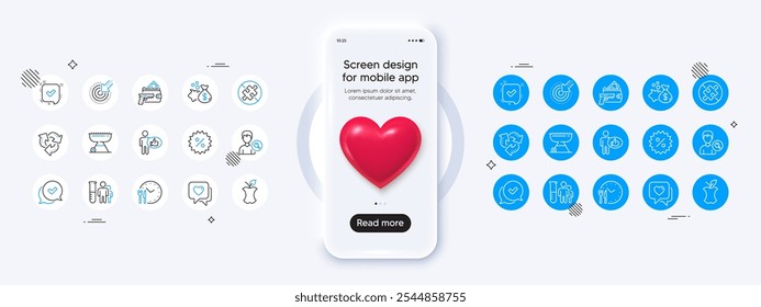 Phone mockup with 3d heart icon. Food time, Targeting and Like line icons. Pack of Medical analyzes, Confirmed, Grill icon. Heart, No puzzle, Organic waste pictogram. Vector