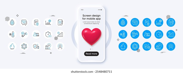 Phone mockup with 3d heart icon. Coronavirus, Charging station and Medical drugs line icons. Pack of Car charging, Online education, Coronavirus statistics icon. Vector