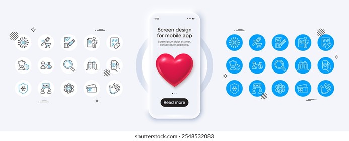 Phone mockup with 3d heart icon. Boarding pass, Chat app and Checkbox line icons. Pack of Fish grill, Chef, Fake information icon. Chemistry beaker, Research, Clean skin pictogram. Vector