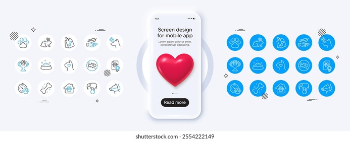 Phone mockup with 3d heart icon. Veterinary clinic, Elephant on ball and Pet tags line icons. Pack of Winner cup, Dog bone, Lightweight icon. Dog feeding, Pets care, Animal tested pictogram. Vector