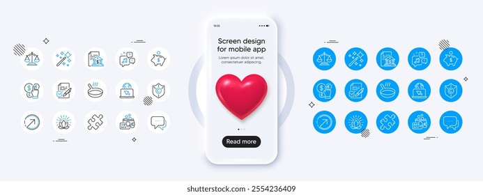 Phone mockup with 3d heart icon. Frying pan, Puzzle and Justice scales line icons. Pack of Copyright protection, Message, Magic wand icon. Direction, Voting ballot, Internet pictogram. Vector