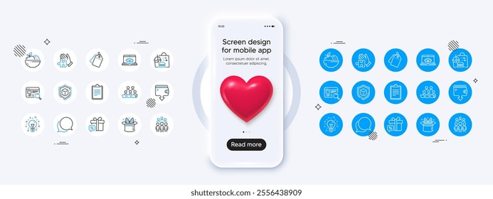 Phone mockup with 3d heart icon. Teamwork, Online delivery and Wallet line icons. Pack of Fruits, Hat-trick, Sale gift icon. Website search, Sale tags, Puzzle pictogram. Vector