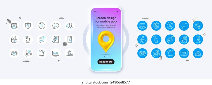 Phone mockup with 3d map pin icon. Discounts chat, Notification bell and Money line icons. Pack of Touchscreen gesture, Chemistry flask, Promotion bell icon. Vector