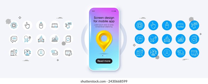 Phone mockup with 3d map pin icon. Swipe up, Cursor and Online storage line icons. Pack of Charging station, Update document, Bid offer icon. Execute, Quote bubble, Headshot pictogram. Vector