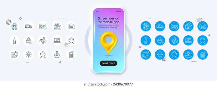 Phone mockup with 3d map pin icon. Night cream, Calculator and 5g internet line icons. Pack of Augmented reality, Face biometrics, Remove team icon. Vector