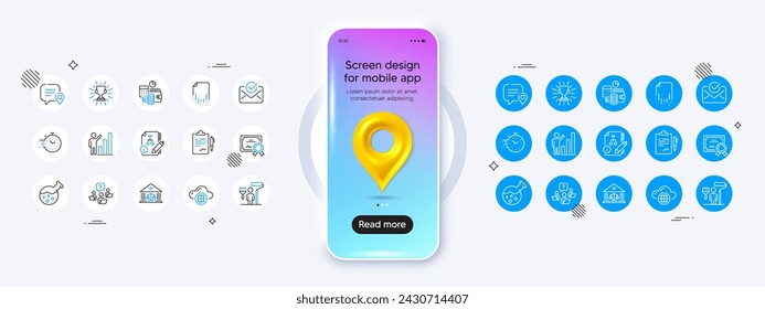 Telefon-Mockup mit 3D-Karte Pin-Symbol. Symbole für Zwischenablage, Maler und Teamwork-Fragezeilen. Zertifikat-Paket, Chemielabor, Cloud-Computing-Symbol. Diagramm, Timer, Trophäen-Piktogramm. Vektor