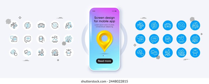 Telefon-Mockup mit 3D-Karte Pin-Symbol. Aktualisieren, Bitcoin aktualisieren und T-Shirt-Linie-Symbole trocknen. Paket von Zitat Blase, Berg Flagge, Auto-Symbol. Vektorgrafik