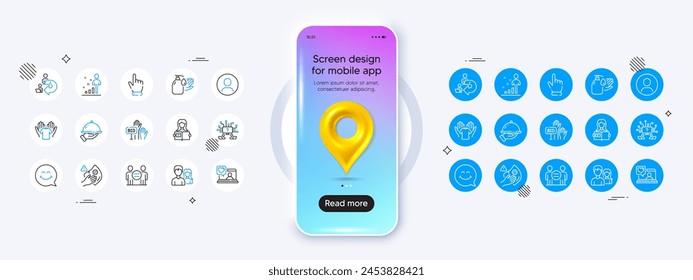 Phone mockup with 3d map pin icon. Woman read, Couple and Delegate work line icons. Pack of Hold t-shirt, Teamwork question, Dirty mask icon. Stats, Bid offer, Restaurant food pictogram. Vector