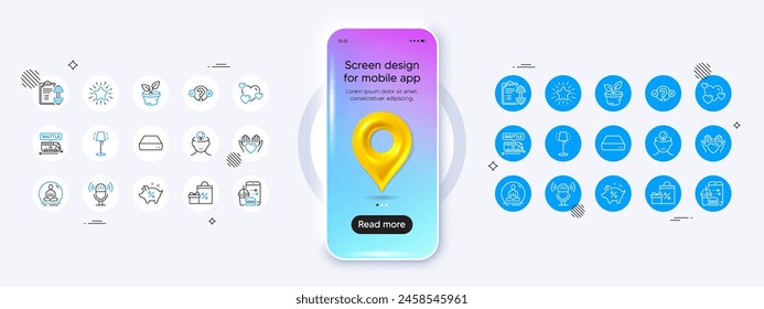 Phone mockup with 3d map pin icon. Food order, Microphone and Dumbbell line icons. Pack of Loan percent, Yoga, Mental health icon. Heart, Quiz test, Shuttle bus pictogram. Vector