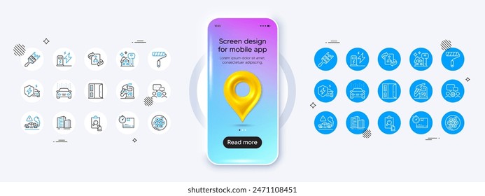 Phone mockup with 3d map pin icon. Car wash, Buying house and Cardboard box line icons. Pack of Buildings, Open door, Petrol station icon. Vector