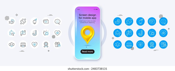 Phone mockup with 3d map pin icon. Kiss me, Balloon dart and Fish line icons. Pack of Map, Ice cream, Discount medal icon. Smile chat, Puzzle, Surprise package pictogram. Vector