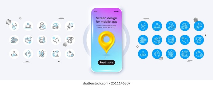 Phone mockup with 3d map pin icon. Intestine, Medical mask and Health eye line icons. Pack of Sun protection, Tomato, Sick man icon. Thermometer, Diet menu, Veterinary clinic pictogram. Vector