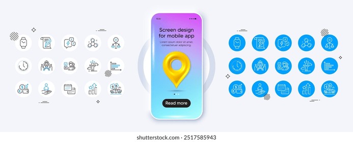 Maqueta de teléfono con icono de pin de mapa 3d. Iconos de línea de pluma, reloj inteligente y tasa de cambio de moneda. Paquete de reclutamiento, tiempo, icono de recogida. Estrés difícil, Estrellas de clasificación, Pictograma de molécula química. Vector