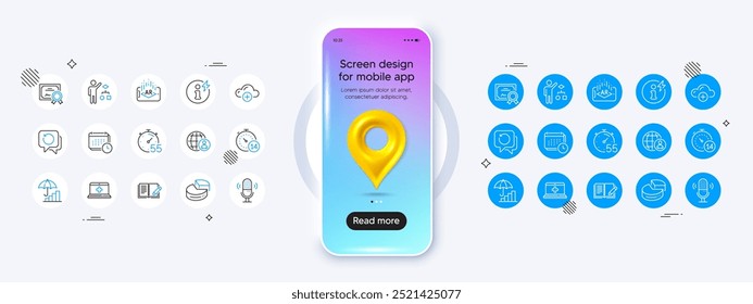 Phone mockup with 3d map pin icon. Augmented reality, Microphone and Medical help line icons. Pack of Pie chart, Certificate, Calendar icon. Recovery data, Algorithm, Timer pictogram. Vector