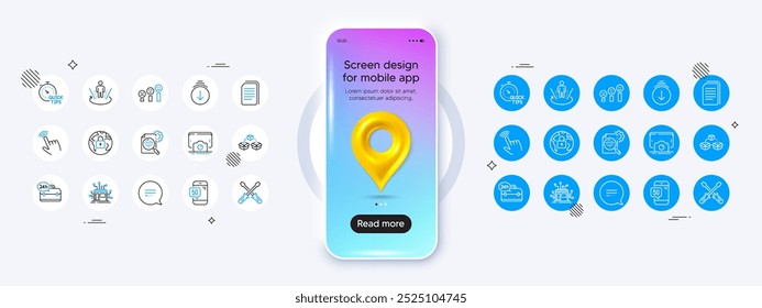Maqueta de teléfono con icono de pin de mapa 3d. Envío de paquetes, servicio 24h e iconos de línea de desplazamiento hacia abajo. Paquete de mensaje de texto, copiar archivos, icono de satisfacción del Cliente. Vector