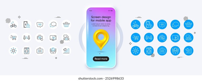 Telefon-Mockup mit 3D-Karte Pin-Symbol. Mitarbeiter-Hand, Survey Check und Warenkorb-Linien-Symbole. Paket mit Touchscreen, Wachstumskarte, E-Bike-Symbol. Vektorgrafik