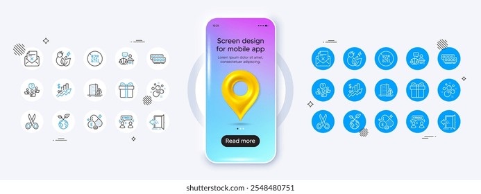 Montagem de telefone com ícone de pino do mapa 3d. Limpar bolhas, Edifícios e Salvar ícones da linha do planeta. Pacote de energia verde, Qr code, ícone do juiz do Tribunal. Questão de trabalho em equipe, pictograma de entrada, caixa de presente. Vetor