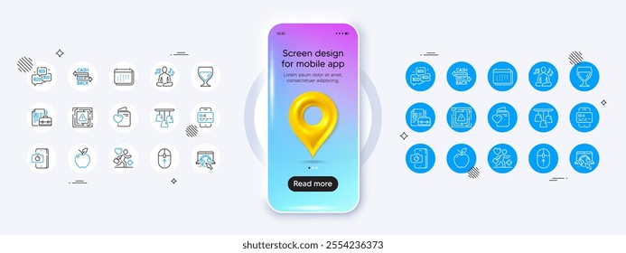 Phone mockup with 3d map pin icon. Ceiling lamp, Bid offer and Vacancy line icons. Pack of Calendar, Internet, Wine glass icon. Card, Yoga music, Patient pictogram. Vector