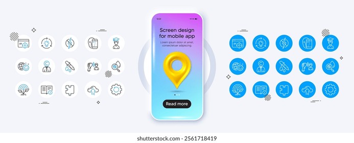 Phone mockup with 3d map pin icon. Technical info, Chemistry pipette and Antistatic line icons. Pack of Idea, Seo targeting, Face biometrics icon. Recovery gear, Cloud upload, Puzzle pictogram. Vector