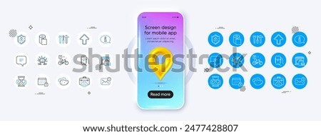 Phone mockup with 3d map pin icon. Spanner tool, Calendar and Food market line icons. Pack of Construction toolbox, Bike, Internet app icon. Potato, Teamwork, Hourglass pictogram. Vector