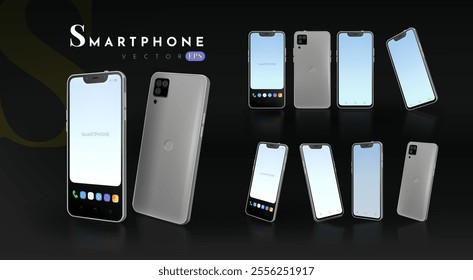 Phone mockup. 3D smartphone. Cellphone blank screen. Smart telephone. Cellular technology. Interface app background. Device UI design template. Realistic display view angles. Vector exact gadgets set