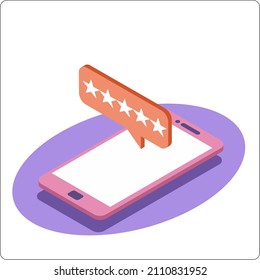 Phone mockup and 5 stars notification. 3d isometric vector illustration. Popular flat colors.