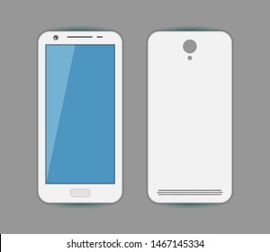 Phone mockup with blank screen. Back and front view realistic on gray background