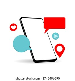 Phone mock-up with blank screen. decorated with speech bubble, cart, heart icon. Design isometric isolated on white background. Space empty for your message. Vector illustration.