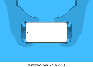 Phone mockup with blank screen isolated on blue background. Phone in hand