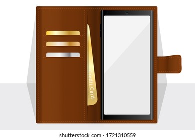 Phone mockup with brown foldable leather case with card holder