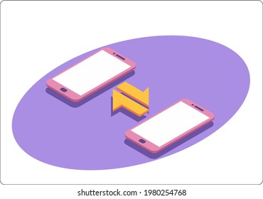 Phone mockup and connect. Communication between wireless devices. 3d isometric vector illustration.