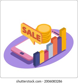Phone mockup and discount button. Online sales and payments using a smartphone. Sales schedule. Popular flat colors. Isomeric 3D vector illustration.